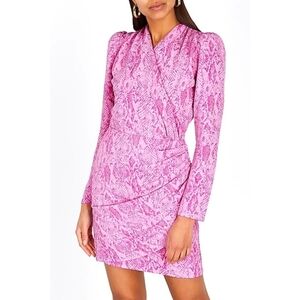 NWT Stine Goya Clem Retro Faux Wrap Animal Print Puff Sleeves Mini Dress Size M